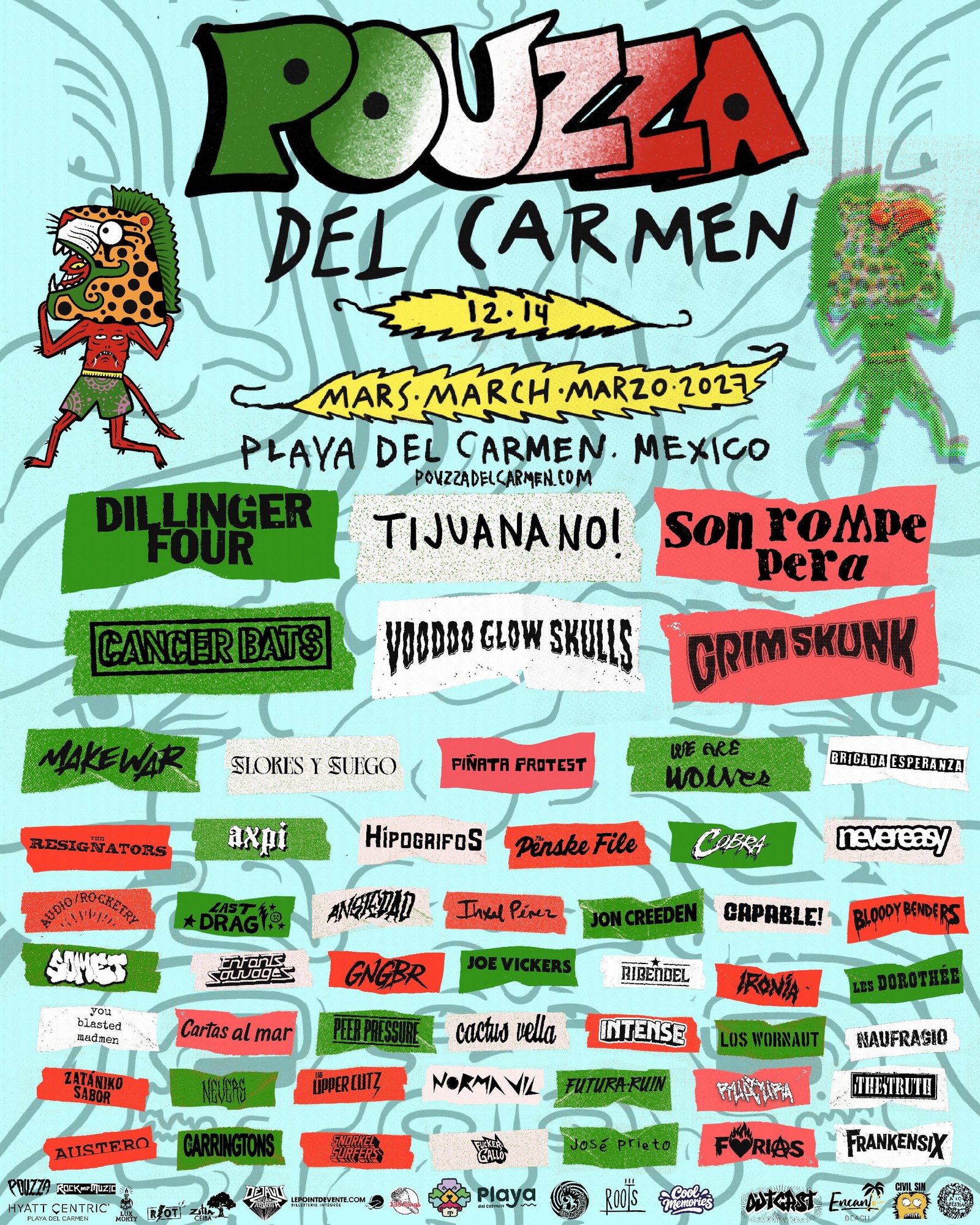 Pouzza del Carmen lineup poster — 12–14 March 2027, Playa del Carmen, Mexico. Dillinger Four, Tijuana No!, Son Rompe Pera, Cancer Bats, Voodoo Glow Skulls, Grimskunk and many more.